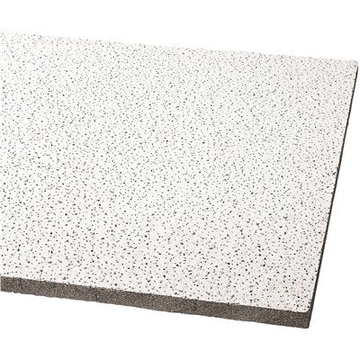 An angled close-up of a Go Build 2 ft. x 2 ft. Textured Ceiling Tile reveals its speckled surface pattern and thickness, emphasizing the brands The Fastest Way To Build promise. Each case covers 64 sq. ft.